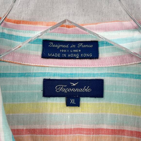 FACONNABLE Linen Button up Shirt Womens XL White Aqua Orange Striped Long Sleeve - Picture 9 of 12